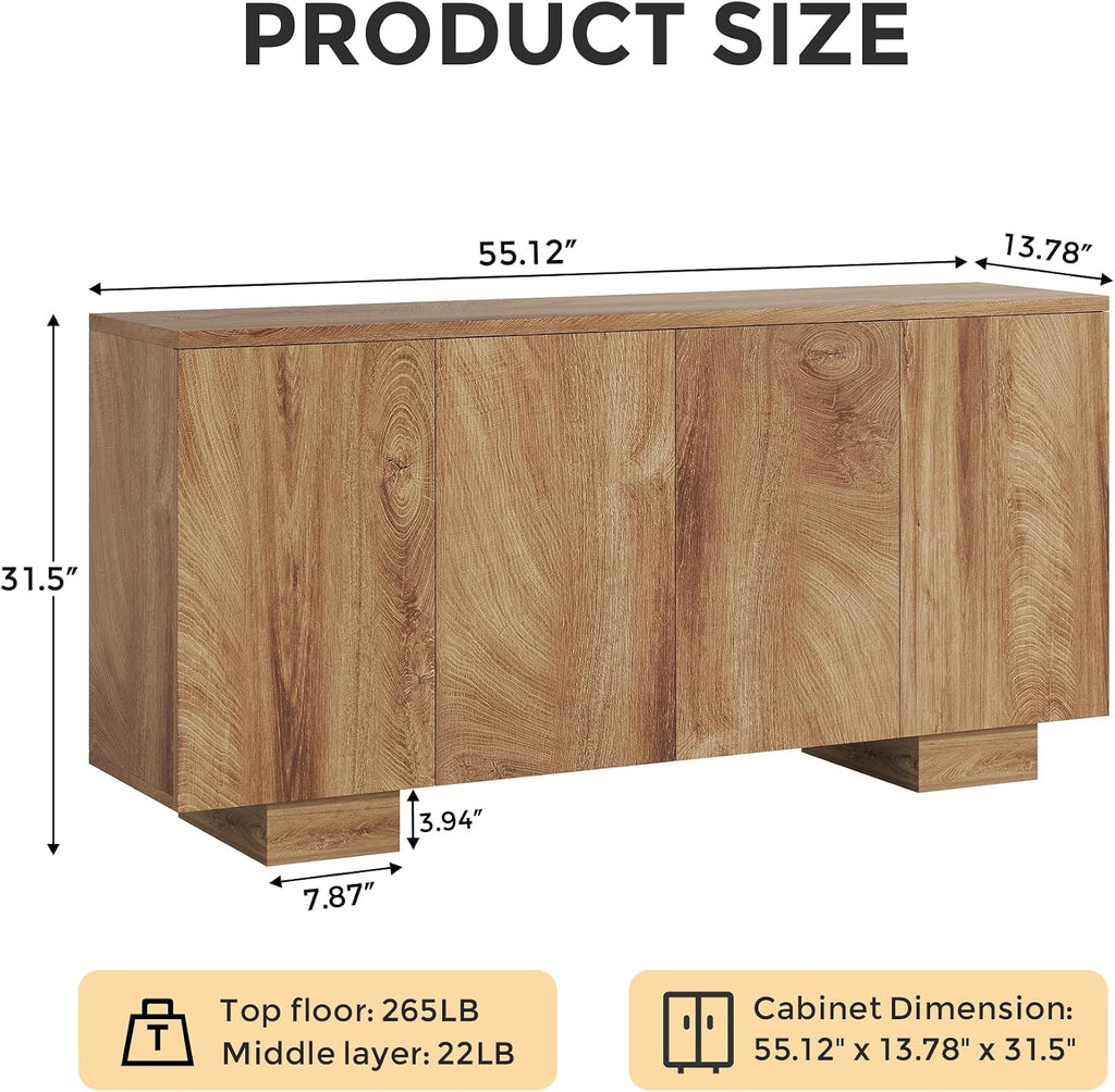 Sideboard Buffet Cabinet with Storage, Farmhouse Coffee Bar Cabinet with 4 Doors & Adjustable Shelves for Living Room, Kitchen, Hallway, Oak