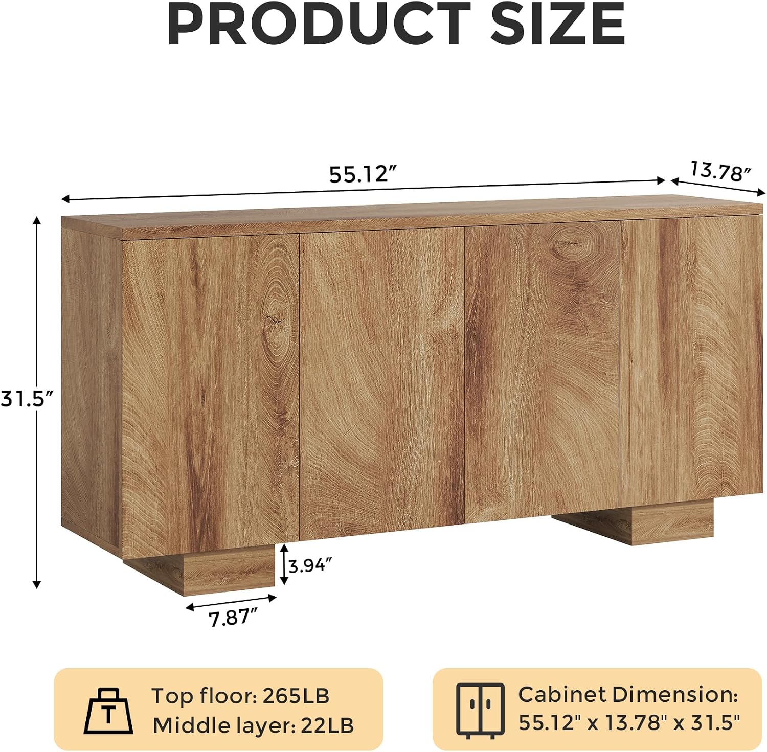 Sideboard Buffet Cabinet with Storage, Farmhouse Coffee Bar Cabinet with 4 Doors & Adjustable Shelves for Living Room, Kitchen, Hallway, Oak