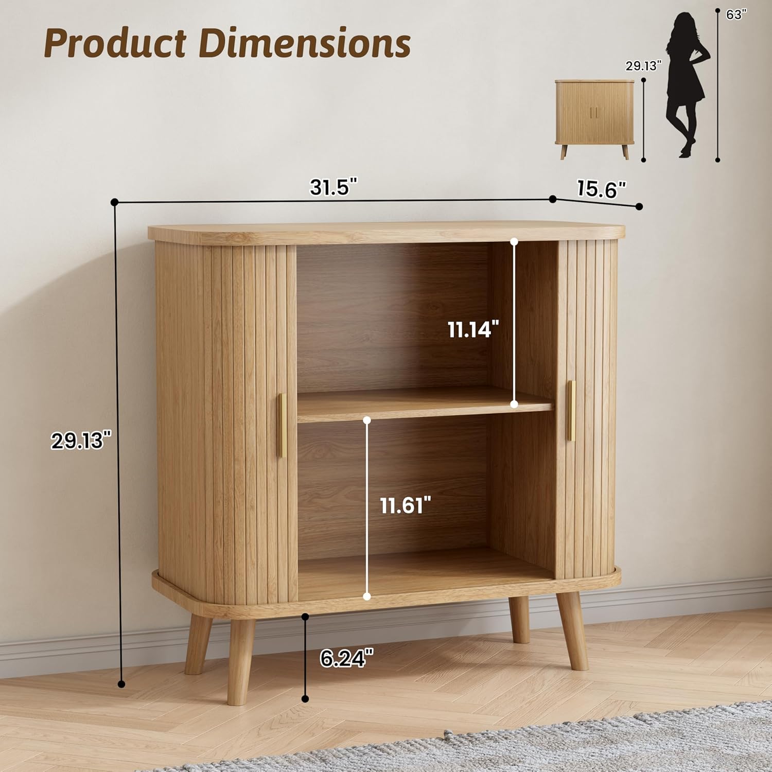 BORNOON Buffet Cabinet with Storage, Curved-Edge Fluted Storage Cabinet Sideboard, Modern Black Sideboard Buffet with Adjustable Shelves & Sliding Door for Dining Room, Kitchen, Entryway (Oak)