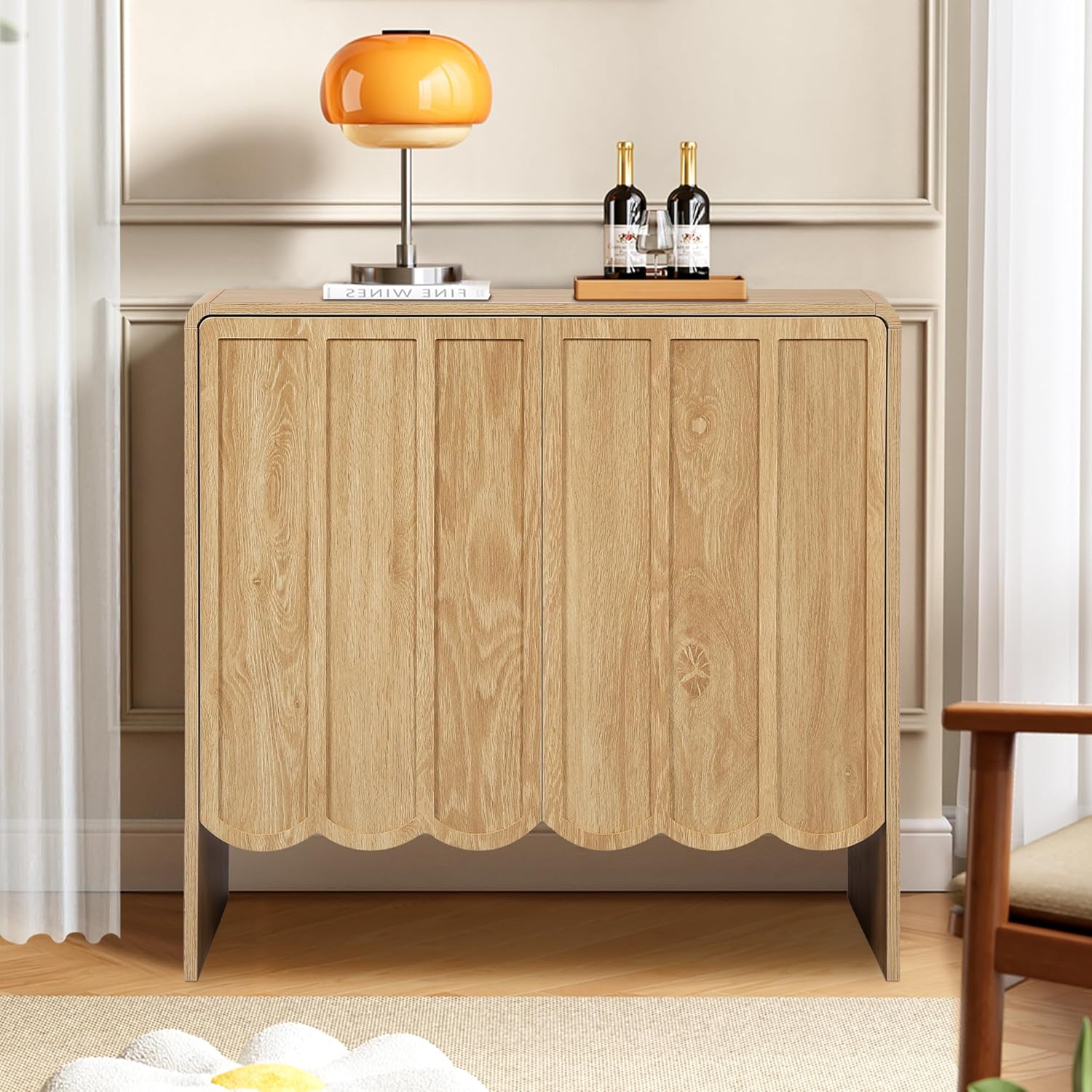 ORRD Sideboard Buffet Cabinet Set of 2, Accent Storage Cabinet with 2 Doors, Farmhouse Wood Cabinet with Adjustable Shelves and Wave Panel for Living Room, Dining Room, Entry - Natural
