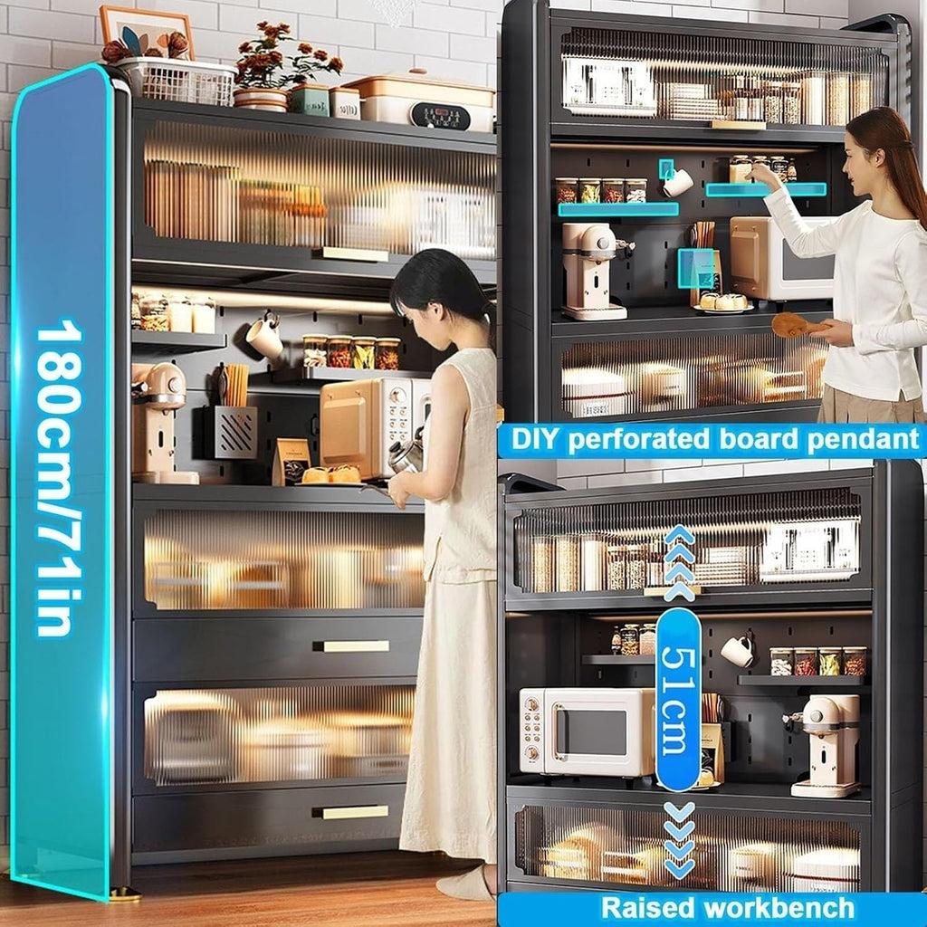 5-Tier Kitchen Baker's Rack with Flip Doors & Pull-Out Drawer, Metal Microwave Stand, Versatile Storage Shelves for Pantry, Coffee Makers, and More,62cm/24in