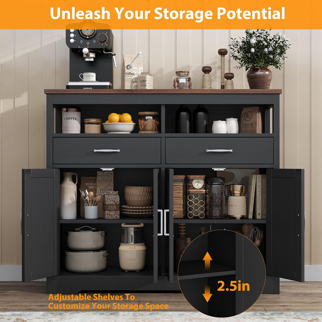 knoworld Buffet Sideboard with Storage Farmhouse with 4 Doors, 47'' Large Kitchen Storage Cabinet Wood Coffee Bar Cabinet Buffet Table with Shelves for Kitchen, Dining Room, Entryway