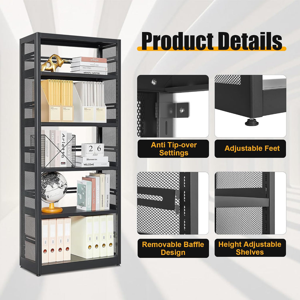 5 Tiers Bookshelf Tall Bookcase Shelf Storage Organizer Book Rack Utility Metal Shelf Adjustable Garage Shelving Organizer Rack for Kitchen Laundry Garage Bathroom Pantry Office 68' H*28' W*13' D