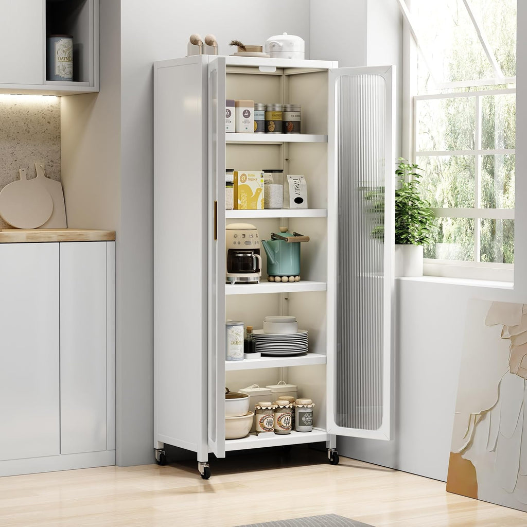 67.3' Kitchen Pantry Storage Cabinet,Display Storage Cabinet Magnetic Doors, Adjustable Shelves & Wheels,Metal Tall Food Pantries Cabinets,for Kitchen, Living Room and Dining Room, White