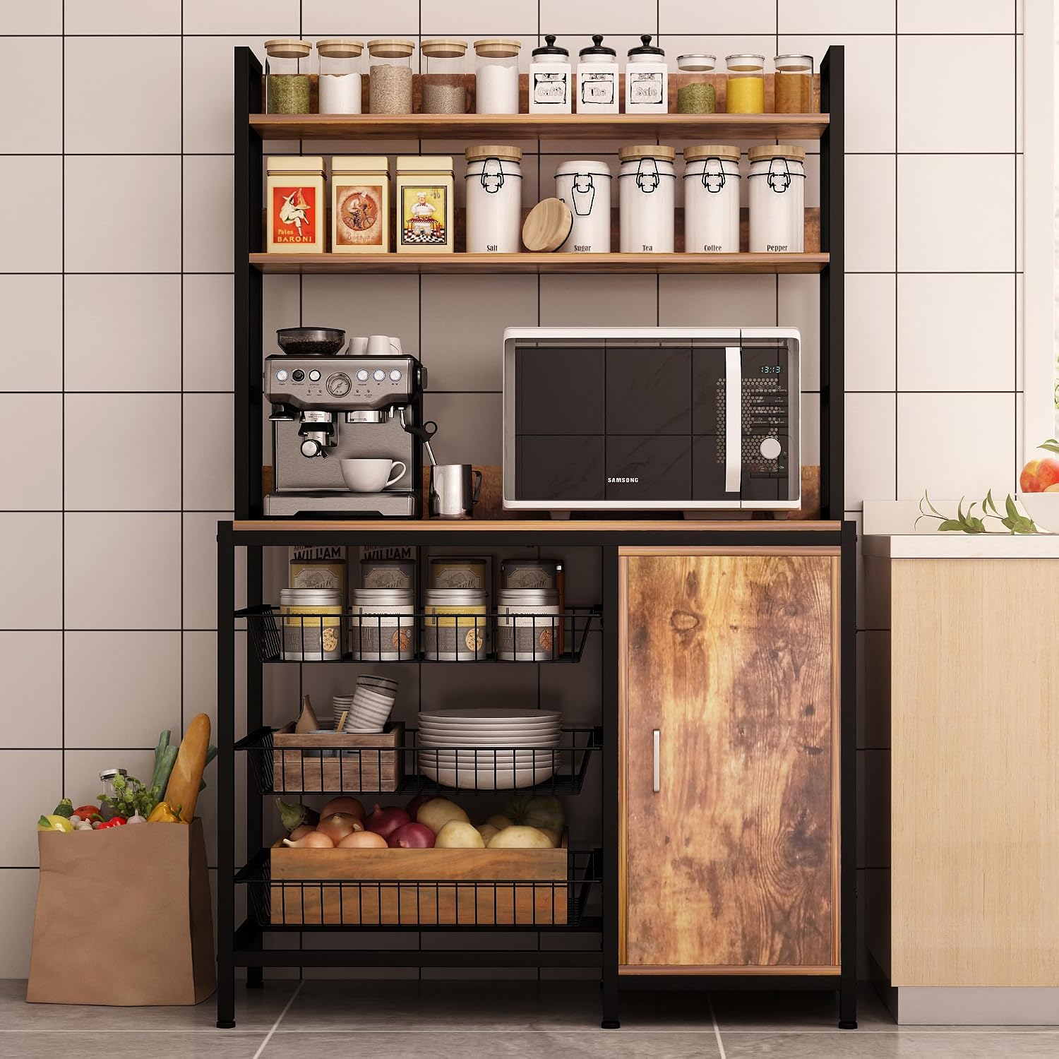 Kitchen Bakers Rack with Baskets and Door Cabinet,5-Tier Free Standing Storage Shelf Rack,Industrial Microwave Oven Stand for Kitchen, Dining Room,Living Room