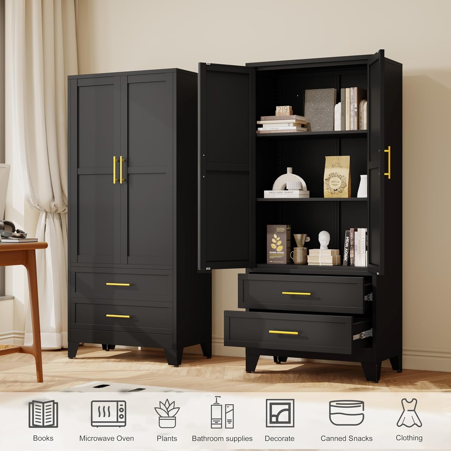GAIOUS Steel Pantry Cabinet, 71' Metal Storage Cabinets with 2 Doors, 2 Adjustable Shelf and 2 Drawers, Freestanding Storage Cabinet for Bedroom, Kitchen, Home Office (Black)