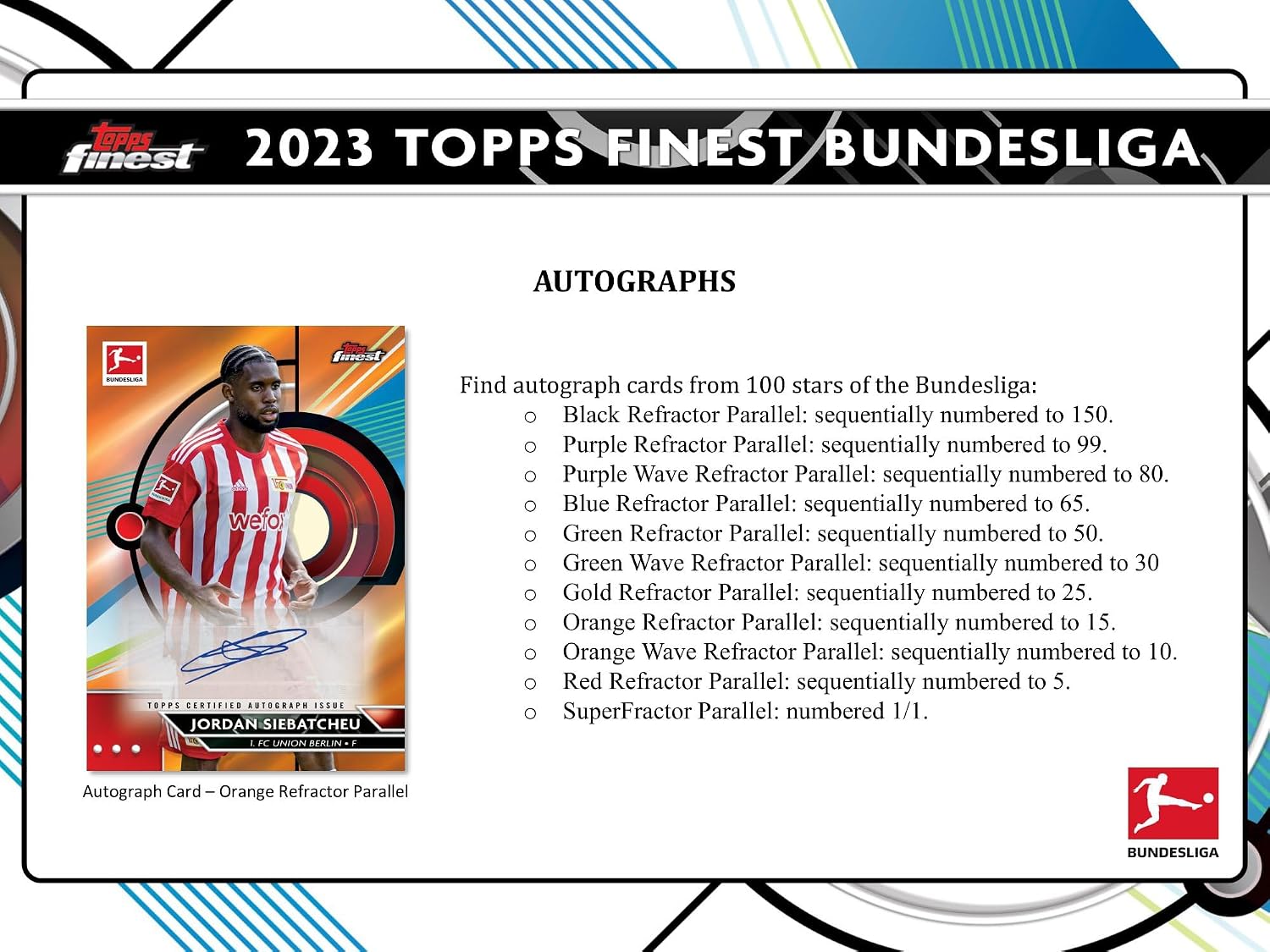 Topps 2022/23 Finest Bundesliga Soccer Hobby Box - 60 Trading Cards, 2 Autograph Cards Per Box, Collect 150-Card Base Set
