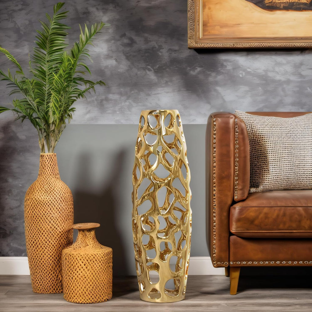Ceramic Vase Large Floor Vase Handmade Ceramic Flower Holder Hand Carved Sophisticated Vessel for Decorative Branches and Dried Flowers 24 Inches Gold