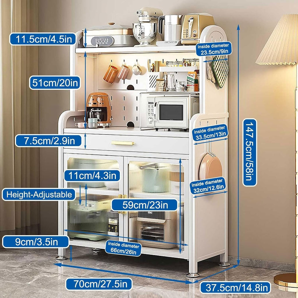 5-Tier Kitchen Bakers Rack with Drawer Coffee Cabinet Adjustable Shelf Pegboard Organizer Pantry Hutch for Home Kitchen Lightweight(147.5x70cm)
