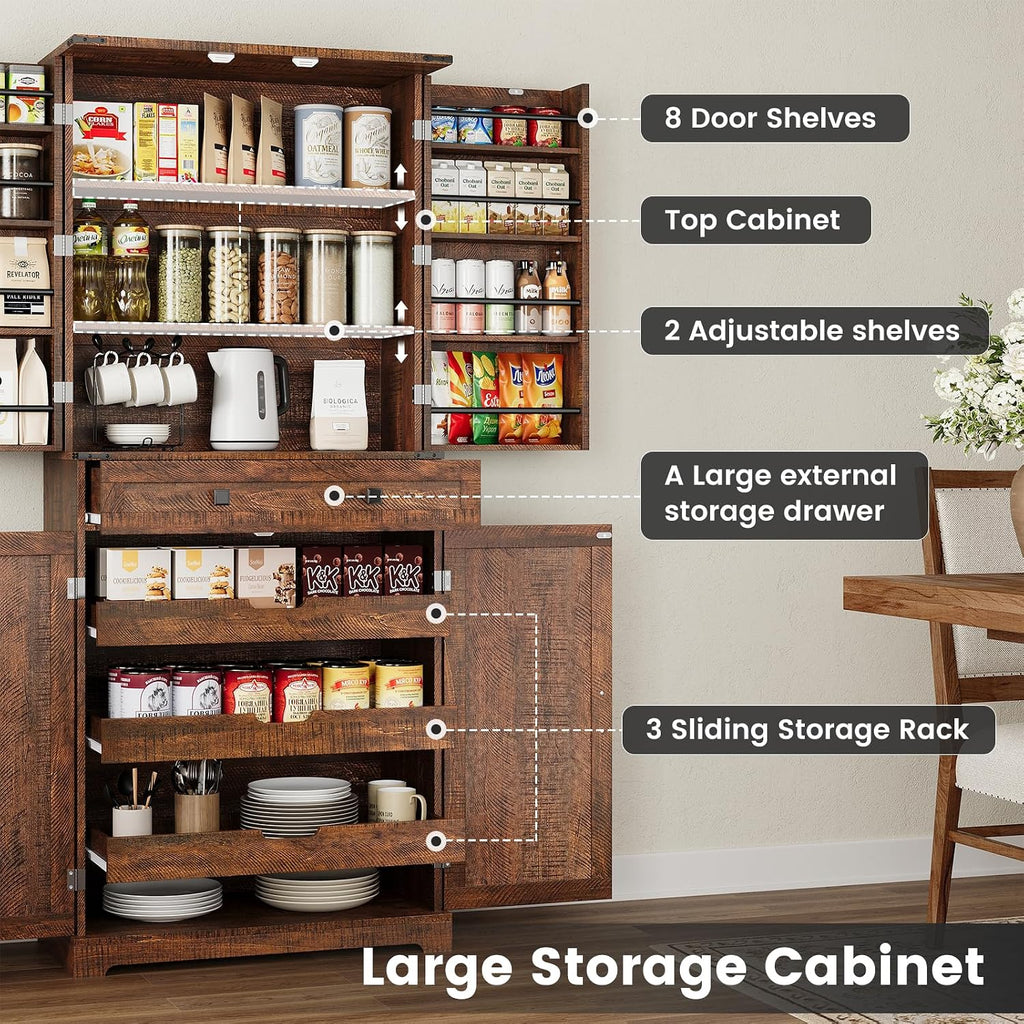 ELYKEN 72' Pantry Cabinet, Tall Kitchen Storage Cabinet with 3 Pull Out Shelves & 8 Door Shelves, Farmhouse Kitchen Pantry with Adjustable Shelf, Kitchen Hutch with Large Drawer, for Dining Room
