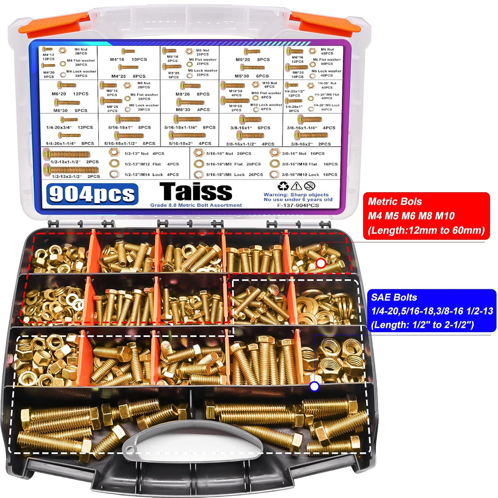 Taiss 904pcs Grade 8.8 Metric Bolt Assortment & SAE Nuts and Bolts Assortment Kit,M4 M5 M6 M8 M10 1/4-20,5/16-18,3/8-16 1/2-13(12-60mm)+618pcs Grade 8.8 Bolts and Nuts Kit,Bolt Assortment Kit