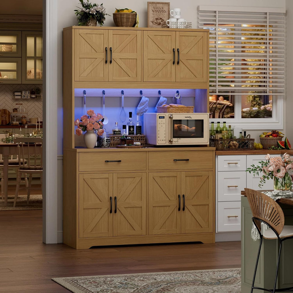 HIFIT 71' Tall Kitchen Pantry Cabinet with RGB LED and Charging Station, Farmhouse Coffee Bar Cabinet with Large Countertop and 6 Hooks, Kitchen Hutch Storage Cabinet, Natural