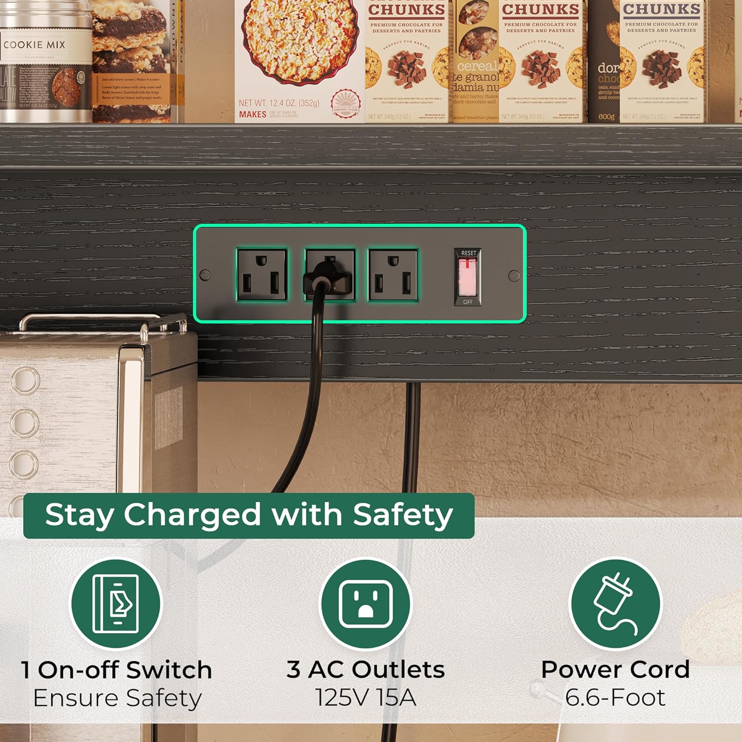 SUPERJARE Bakers Rack with Power Outlet, 47.2 Inches Coffee Bar with 3 Level-Adjustable Open Shelves, Wire Basket, Kitchen Microwave Stand with 6 S-Shaped Hooks, Black