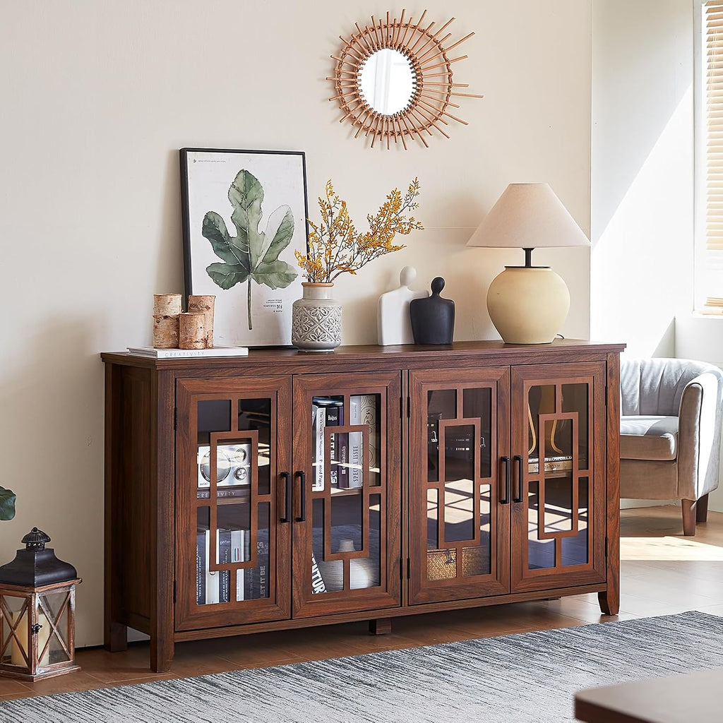 Joaxswe Large Sideboard Buffet Cabinet with Storage, 63' Farmhouse Credenza with 4 Glass Doors, Adjustable Shelves Console Table, Wood Kitchen Coffee Bar for Dining Room, Living Room, Brown