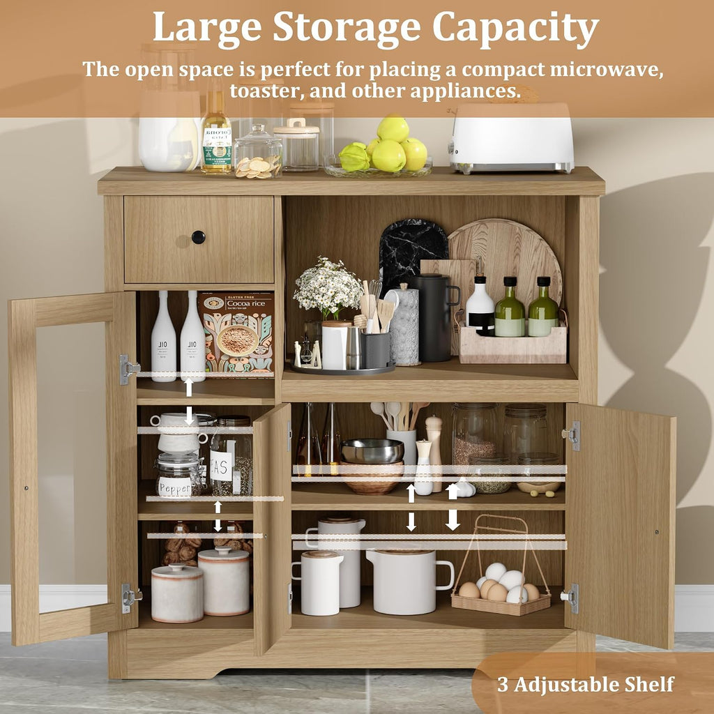 Senfot Kitchen Microwave Cabinet with Storage and Drawers, Modern Small Buffet Cabinet with Glass Doors and Adjustable Shelf, Wooden Sideboard with Wide Top for Dining Room, Living Room, Natural