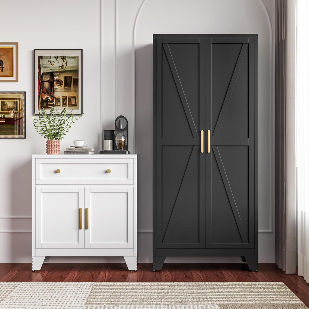 QINPTWUT 71' Metal Storage Cabinet with Doors and Shelves, Tall Pantry Cabinet in Black with 2 Doors & 4 Adjustable Shelves, All-Steel Farmhouse Cupboard for Kitchen, Living Room,Home Office,Garage