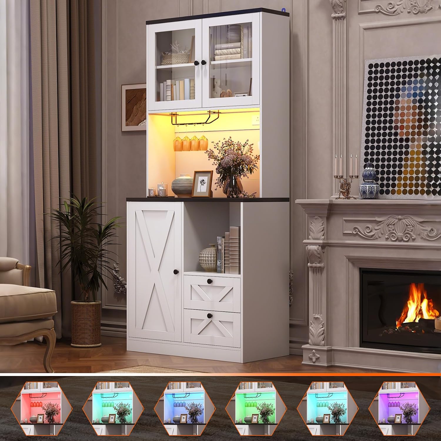 71' Tall Coffee Bar Cabinet with Storage Hutch, Farmhouse Kitchen Pantry Cabinet with LED Lights Microwave Stand and Glass Holder for Home Dining Room Kitchen,White