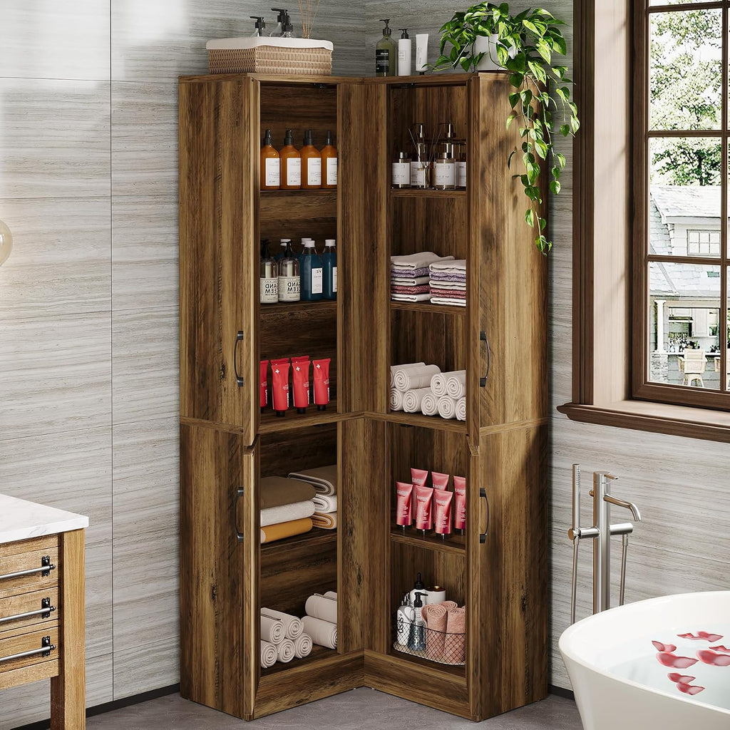 Tribesigns Corner Pantry Cabinet, 67' Tall Kitchen Pantry with Doors and 5-Tier Storage Shelves, Farmhouse Wooden Corner Bar Cabinet for Home, Living Room, Bar, Kitchen, Rustic Brown