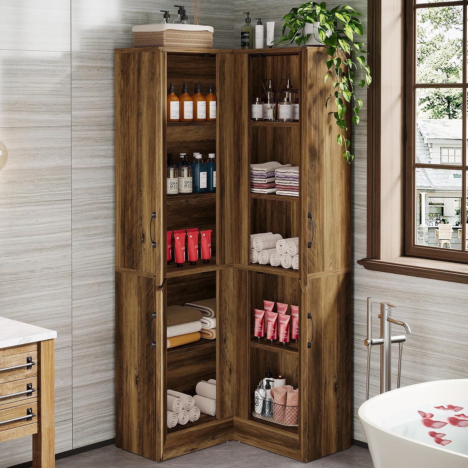 Tribesigns Corner Pantry Cabinet, 67' Tall Kitchen Pantry with Doors and 5-Tier Storage Shelves, Farmhouse Wooden Corner Bar Cabinet for Home, Living Room, Bar, Kitchen, Rustic Brown