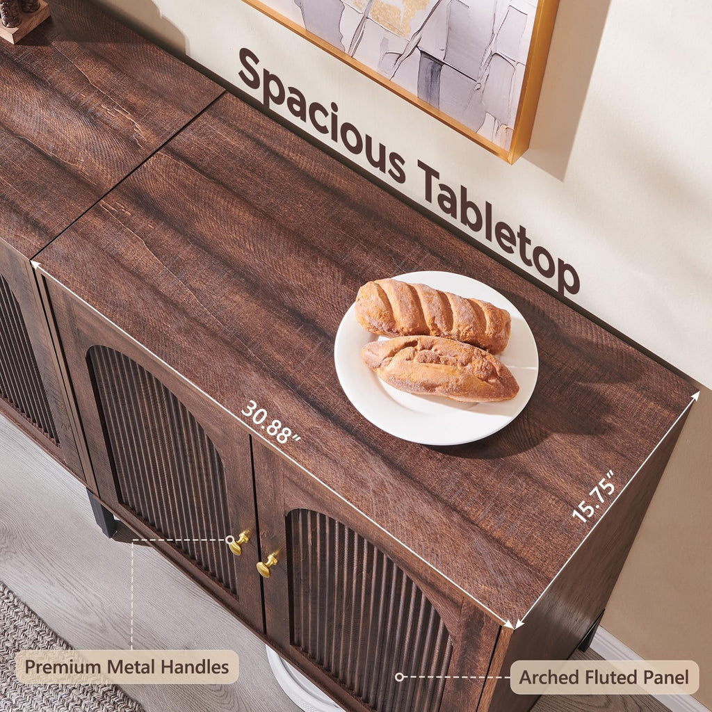 IFGET Modern Buffet Cabinet with Storage, 92.63' W Fluted Arched Sideboard Cabinet w/Adjustable Shelves, Wooden Modular Coffee Bar for Dining Room, Kitchen, Living Room, Entryway, Brown