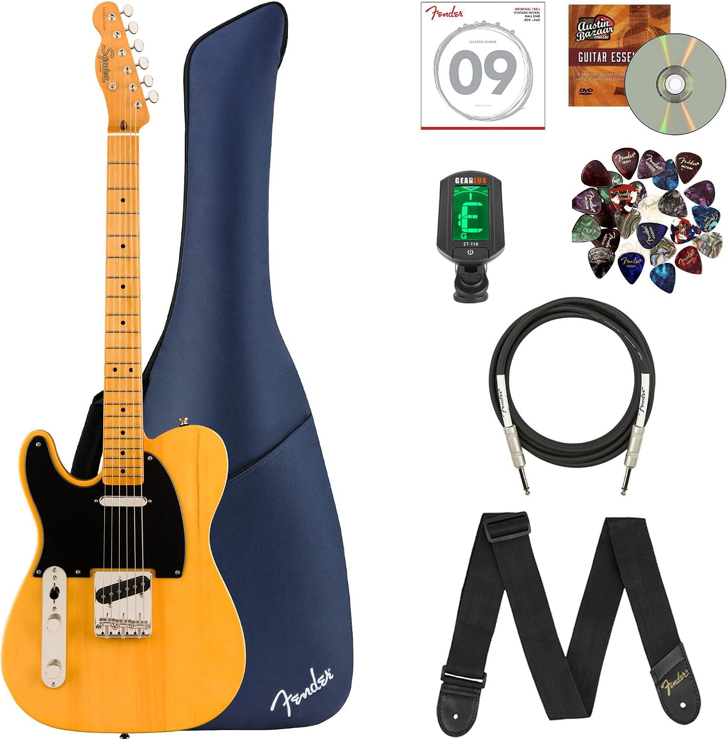 Fender Squier Classic Vibe '50s Telecaster, Left Handed - Butterscotch Blonde Bundle with Gig Bag, Instrument Cable, Tuner, Strap, Strings, Picks, and Austin Bazaar Instructional DVD