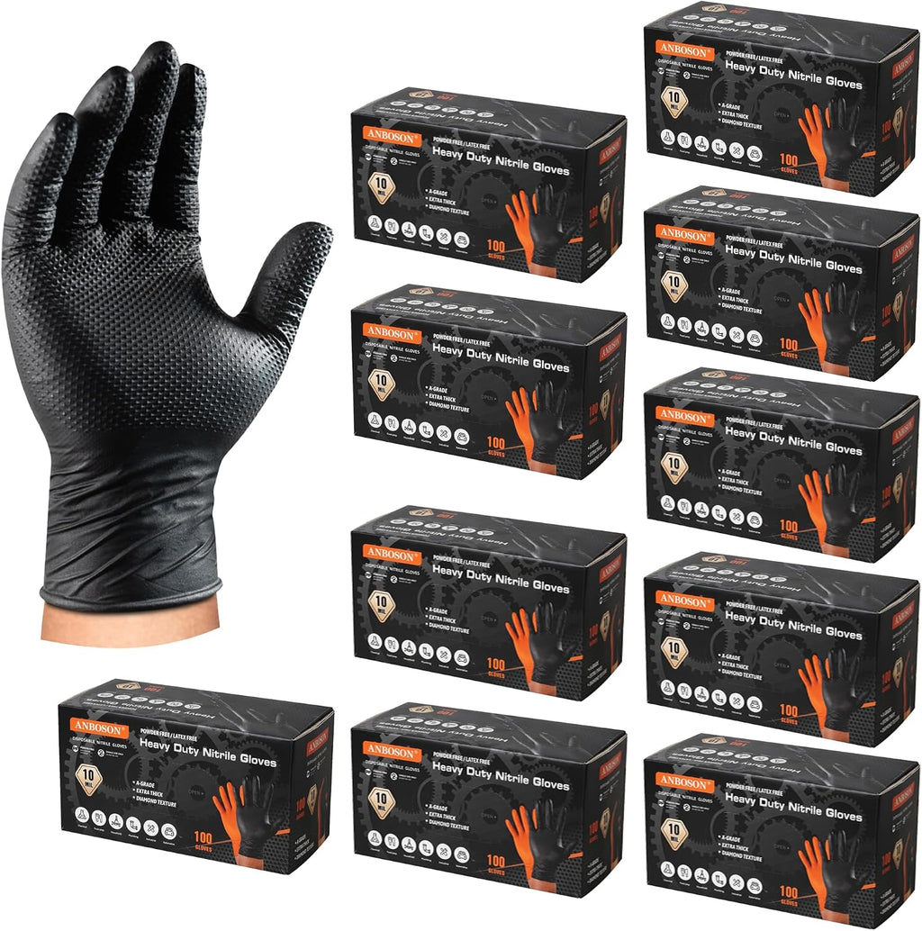 ANBOSON 10 Mil Nitrile Disposable Gloves Heavy Duty Mechanic Gloves Raised Diamond Texture Thick (Black of 1000, Medium)
