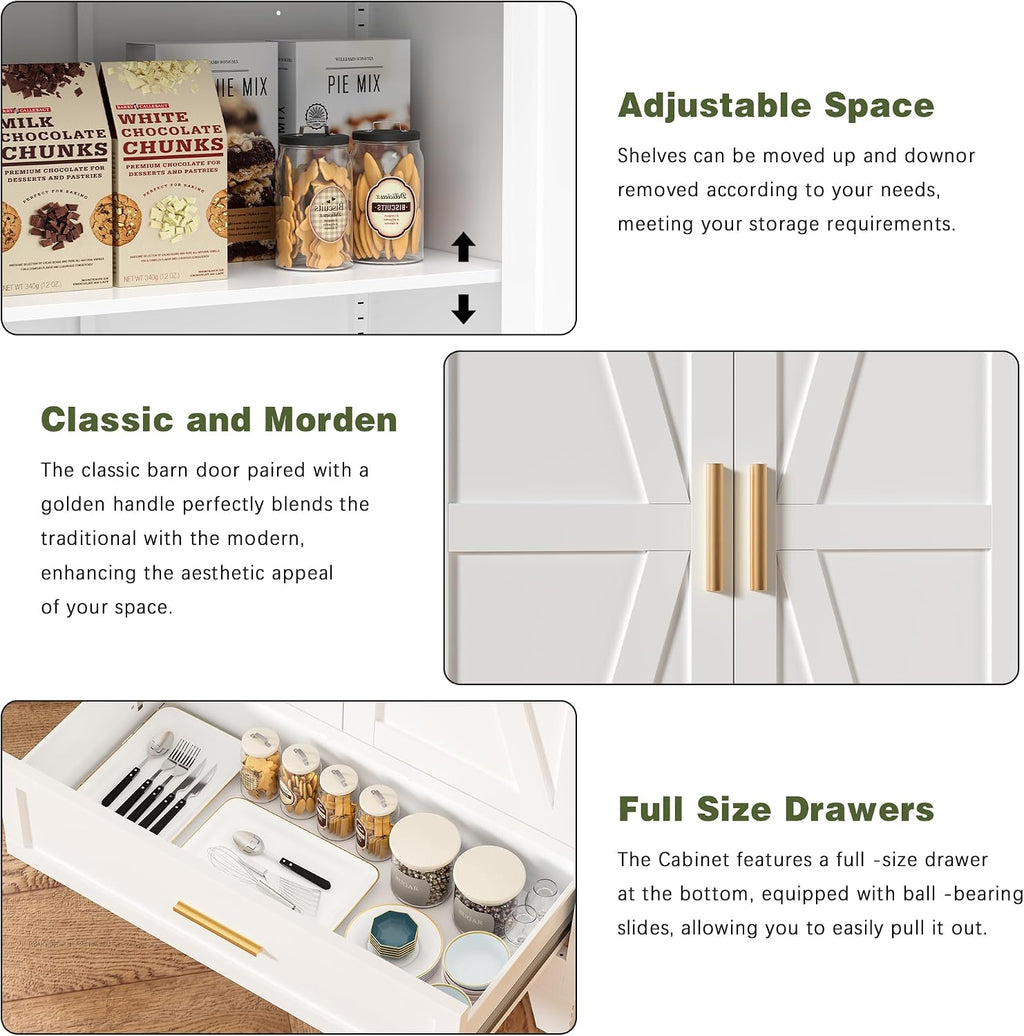 COFaR Metal Storage Cabinet, Farmhouse Storage Cabinet with 2 Doors and 4 Adjustable Shelves - 71' White Kitchen Pantry Storage 5-Tier Tall Steel Cabinets Locker for Kitchen, Living Room, Dining Room
