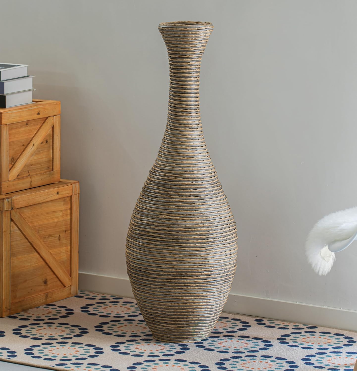 Set of 2 38-inch Tall Artificial Rattan Floor Vase in Elegant Beige - Statement Piece for Living Room Decor, Entryway, or Hallway - Versatile Home Accen