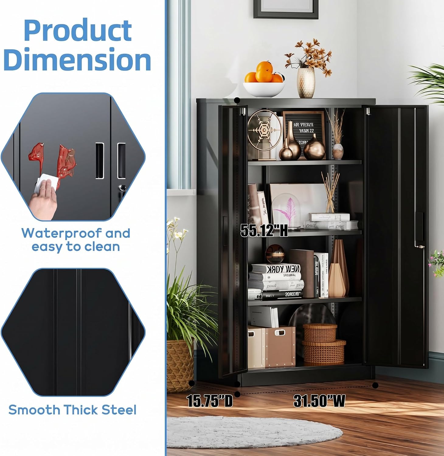 Metal Garage Storage Cabinet, Lockable Steel Storage Cabinet with 3 Adjustable Shelves for Garage, Office, Home, Assembly Required, Black, 15.75' D × 31.50' W × 55.12' H