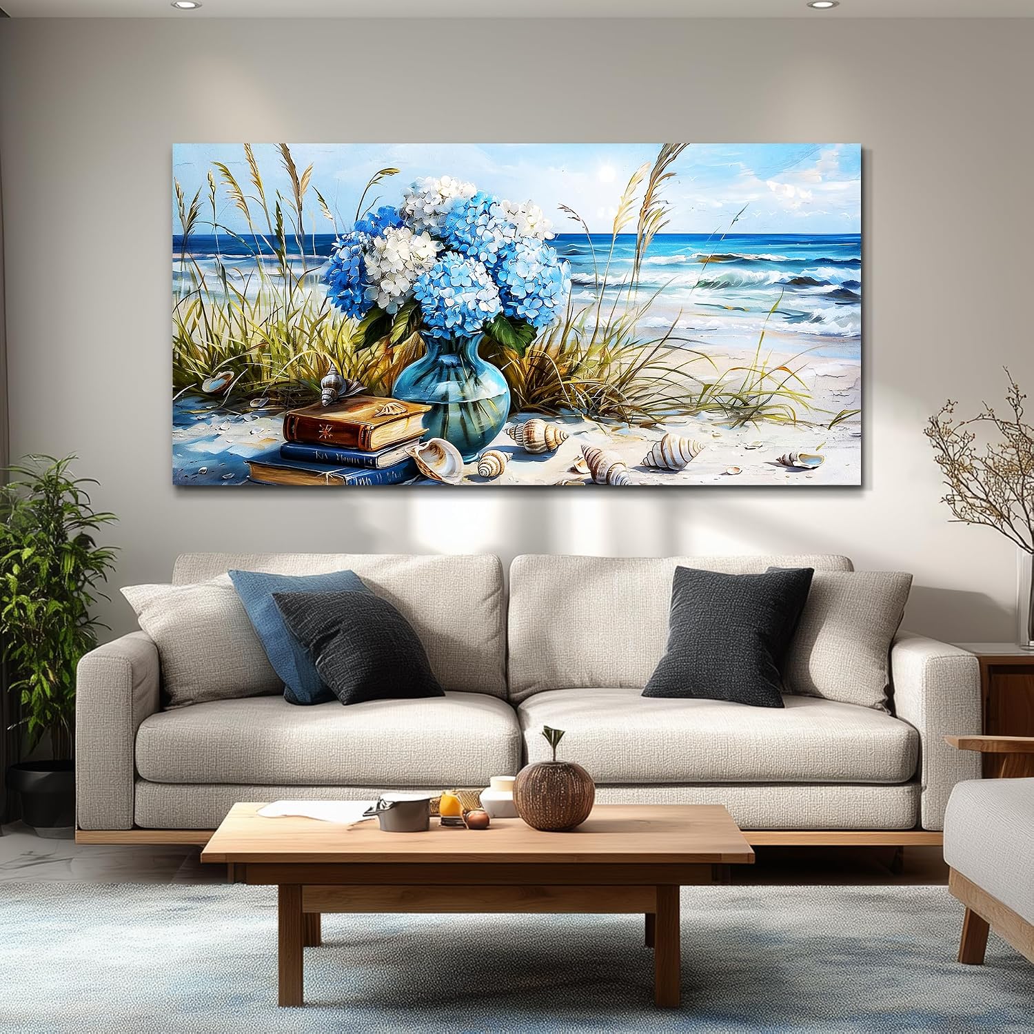 JUDASJART Wall Decor For Bedroom Large Wall Art For Living Room Office Decorations Modern Blue Beach Flower vase Paintings Ocean Seascape Wall Pictures Canvas Artwork Home Decor Ready To Hang