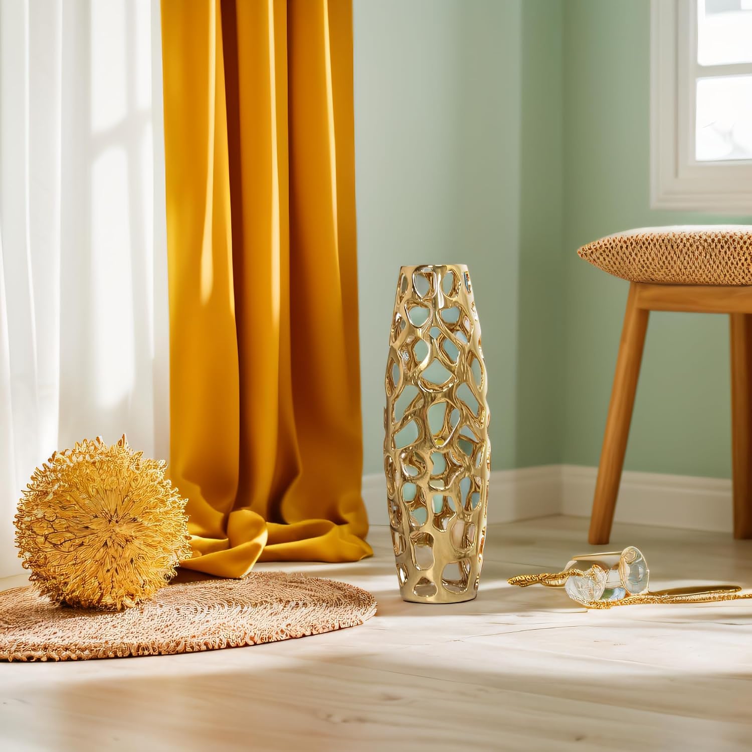 Ceramic Vase Large Floor Vase Handmade Ceramic Flower Holder Hand Carved Sophisticated Vessel for Decorative Branches and Dried Flowers 24 Inches Gold