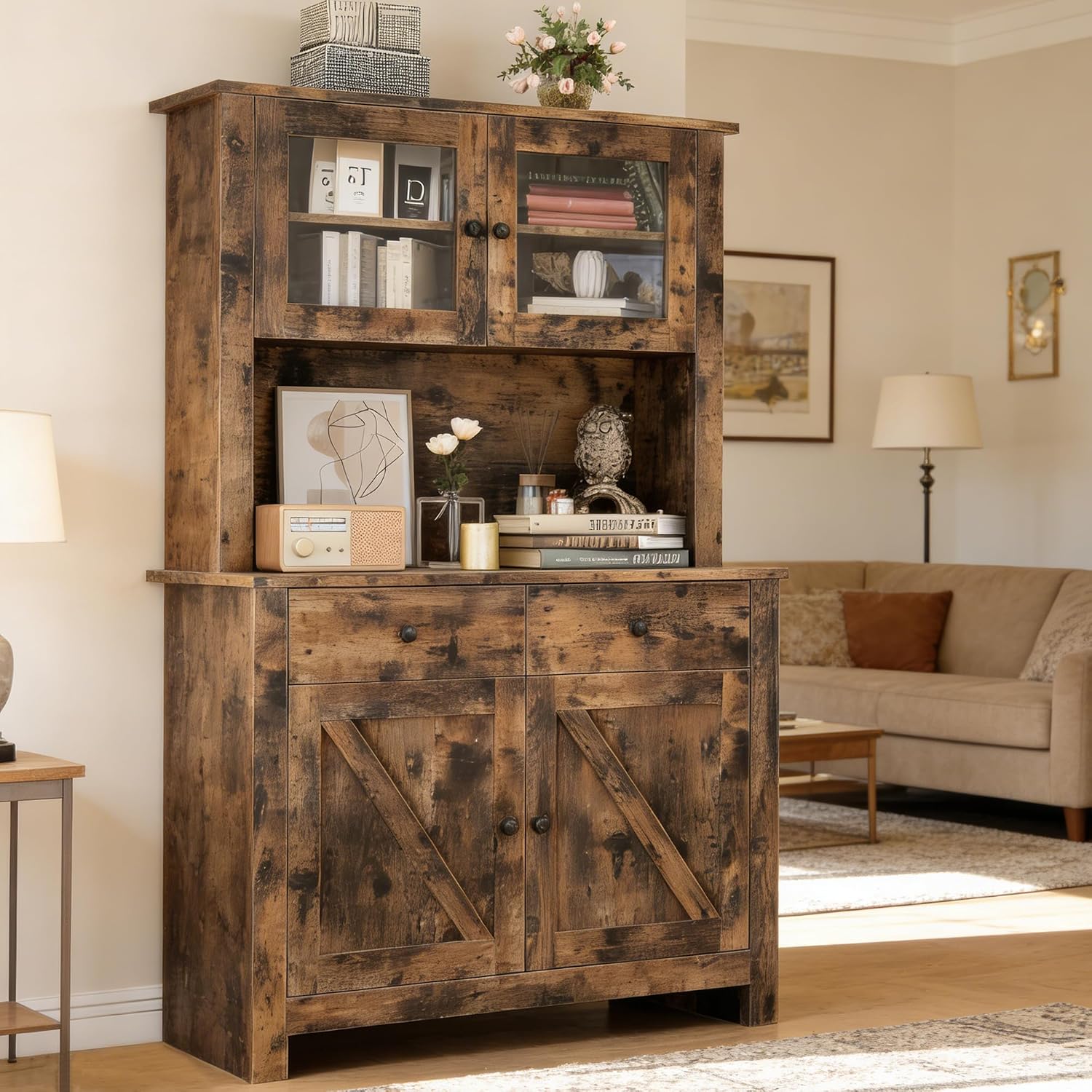 IDEALHOUSE 63' Kitchen Pantry Cabinet with Drawers, Hutch Cabinet with Storage, Microwave Stand, Adjustable Shelves, Freestanding Tall Pantry Storage for Dining Room, Living Room, Rustic Brown