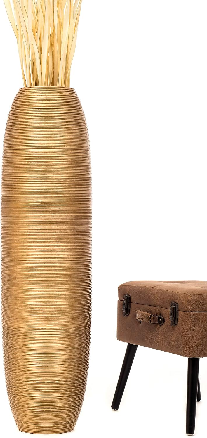 LEEWADEE Large Floor Vase – Handmade Flower Holder Made of Wood, Sophisticated Vessel for Decorative Branches and Dried Flowers, 43 inches, Golden