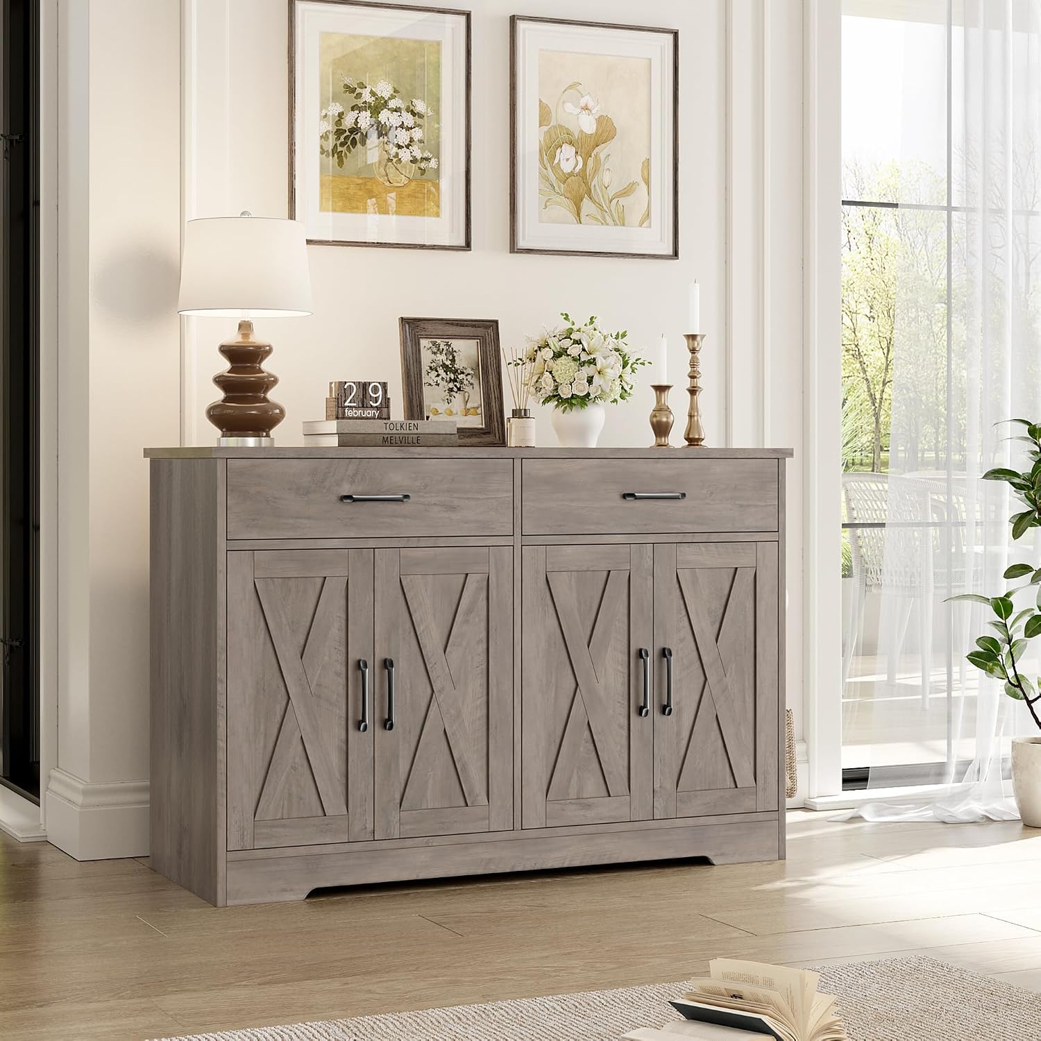 HOSTACK Buffet Cabinet with Storage, 47.2' Kitchen Sideboard Buffet with Drawers, Modern Farmhouse Coffee Bar Station with Shelves, Barn Doors Storage Cabinet for Living Room, Ash Grey