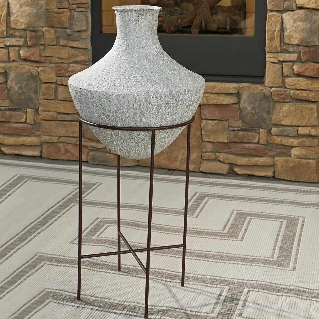Signature Design by Ashley Estonbank Casual Indoor Distressed Metal Floor Vase with Stand, White & Black