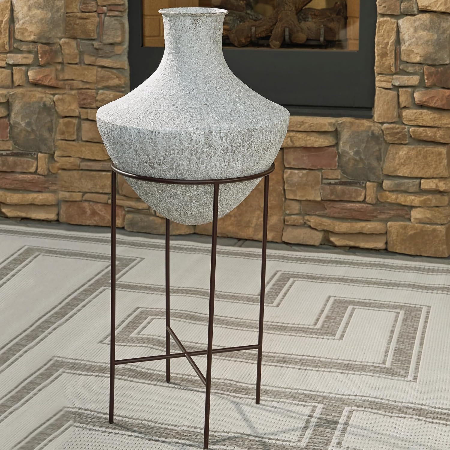 Signature Design by Ashley Estonbank Casual Indoor Distressed Metal Floor Vase with Stand, White & Black