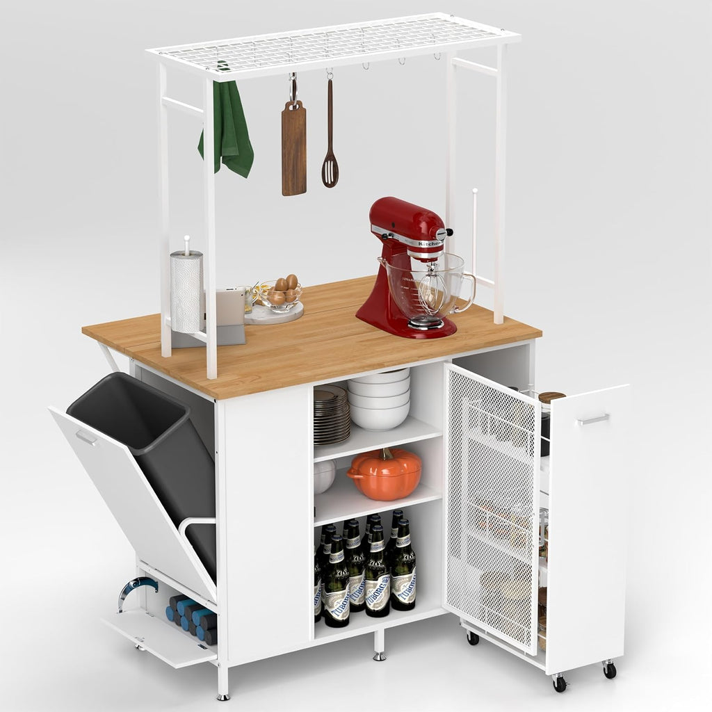 Kitchen Island with Drop Leaf, Trash Can Storage, Large Coffee Bar Table with Bakers Rack and Hooks, 3-Tier Rolling Cart and Shelves, White