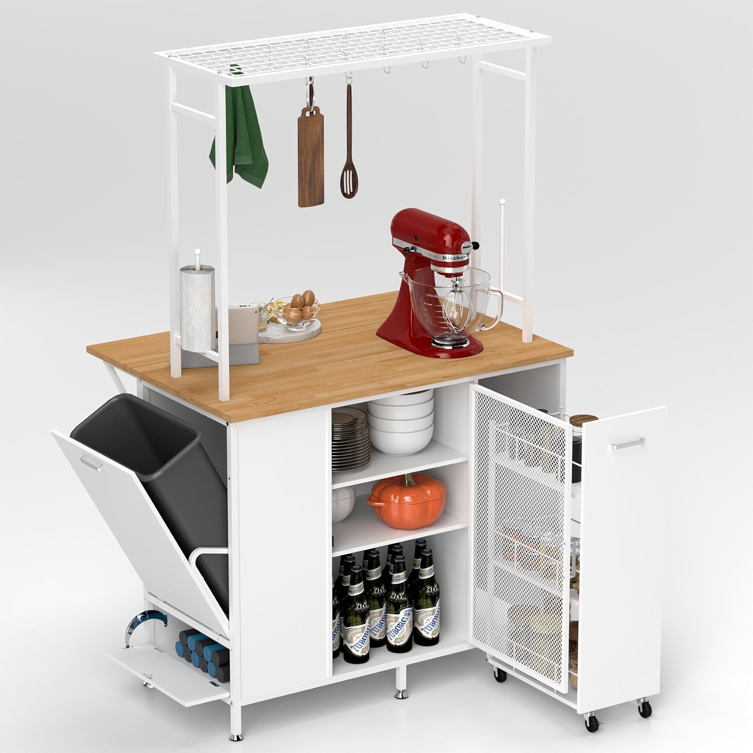 Kitchen Island with Drop Leaf, Trash Can Storage, Large Coffee Bar Table with Bakers Rack and Hooks, 3-Tier Rolling Cart and Shelves, White