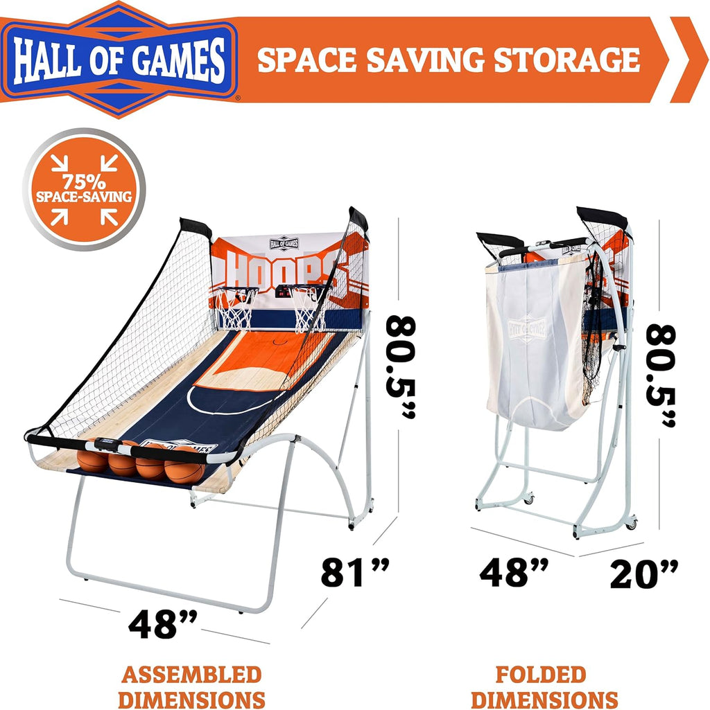 Hall of Games EZ Fold Premium Indoor Arcade Basketball Game with Steel Frame and Polycarbonate Backboard, Dual Shot Electronic Scoring with 6 Size 3 Balls Included, Perfect for Basement Game Rooms