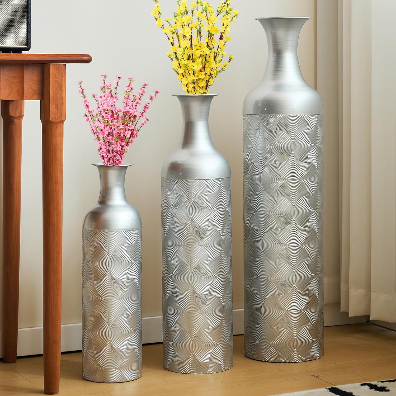 Tall Silver Floor Vase Set of 3, Modern Metal Standing Vases for Living Room Decor, Tall Cylinder Flower Vases with Wave Pattern for Home, Office Decorative Vase Set (32.68, 25.98, 19.69 Inch)