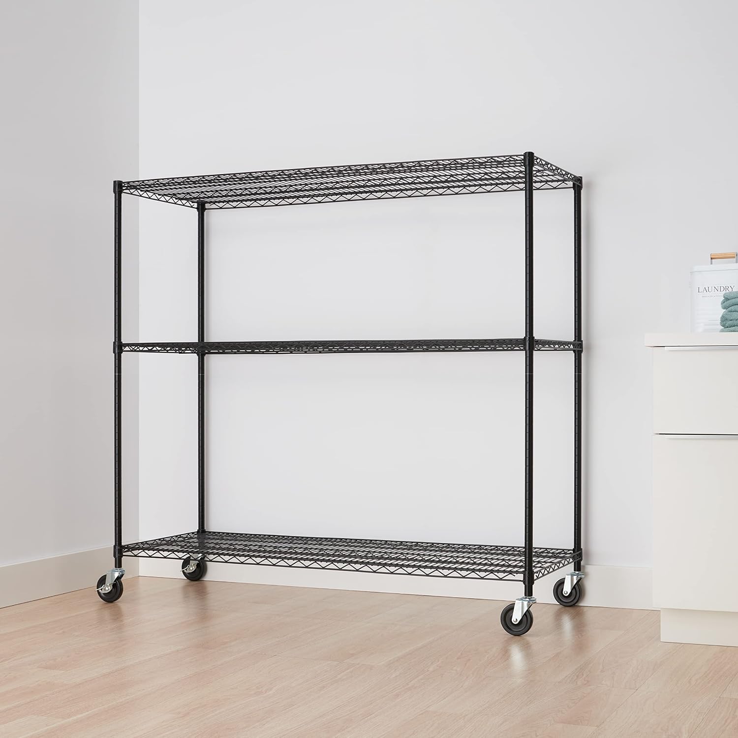 Trinity Basics 3-Tier Adjustable Wire Shelving with Wheels for Kitchen Organization, Garage Storage, Laundry Room, NSF Certified, 600 to 1350 Pound Capacity, 60' by 24' by 54', Black
