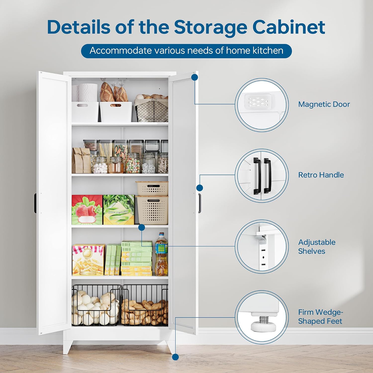 PEUKC 75' Farmhouse Metal Storage Cabinet with Doors and 4 Adjustable Shelves, Large Pantry Organizer for Kitchen, Dining Room, and Living Room,Assemble Require(White)