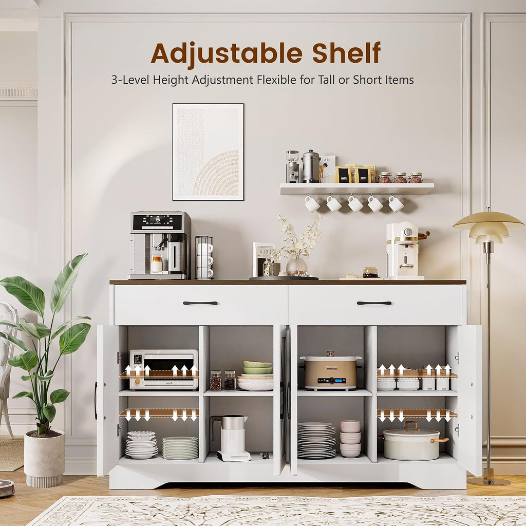 55' Sideboard Buffet Cabinet with Storage, Large Kitchen Storage Sideboard with Drawers & Doors, Modern Wood Farmhouse Coffee Bar Cabinet, Buffet Table for Kitchen, Dining Room, Living Room, White