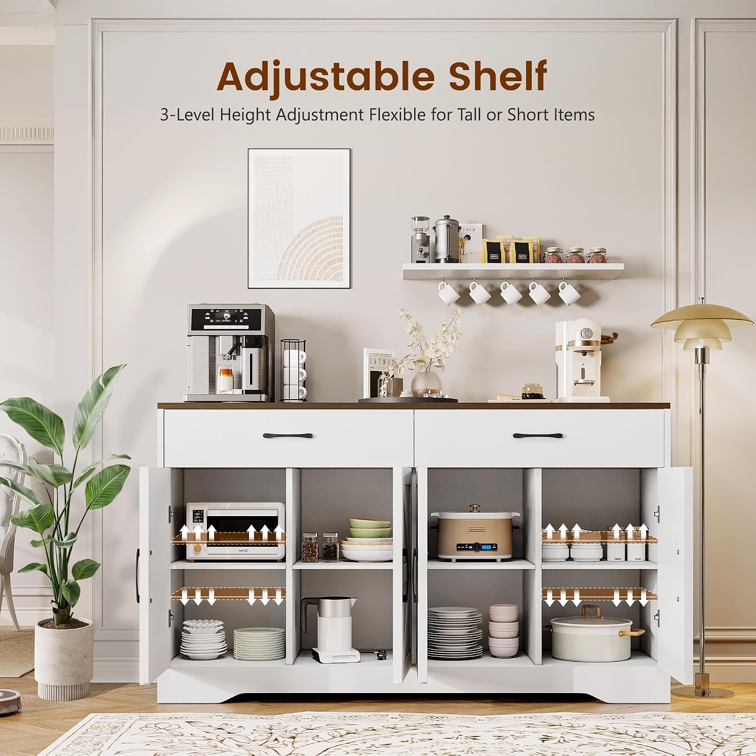 55' Sideboard Buffet Cabinet with Storage, Large Kitchen Storage Sideboard with Drawers & Doors, Modern Wood Farmhouse Coffee Bar Cabinet, Buffet Table for Kitchen, Dining Room, Living Room, White