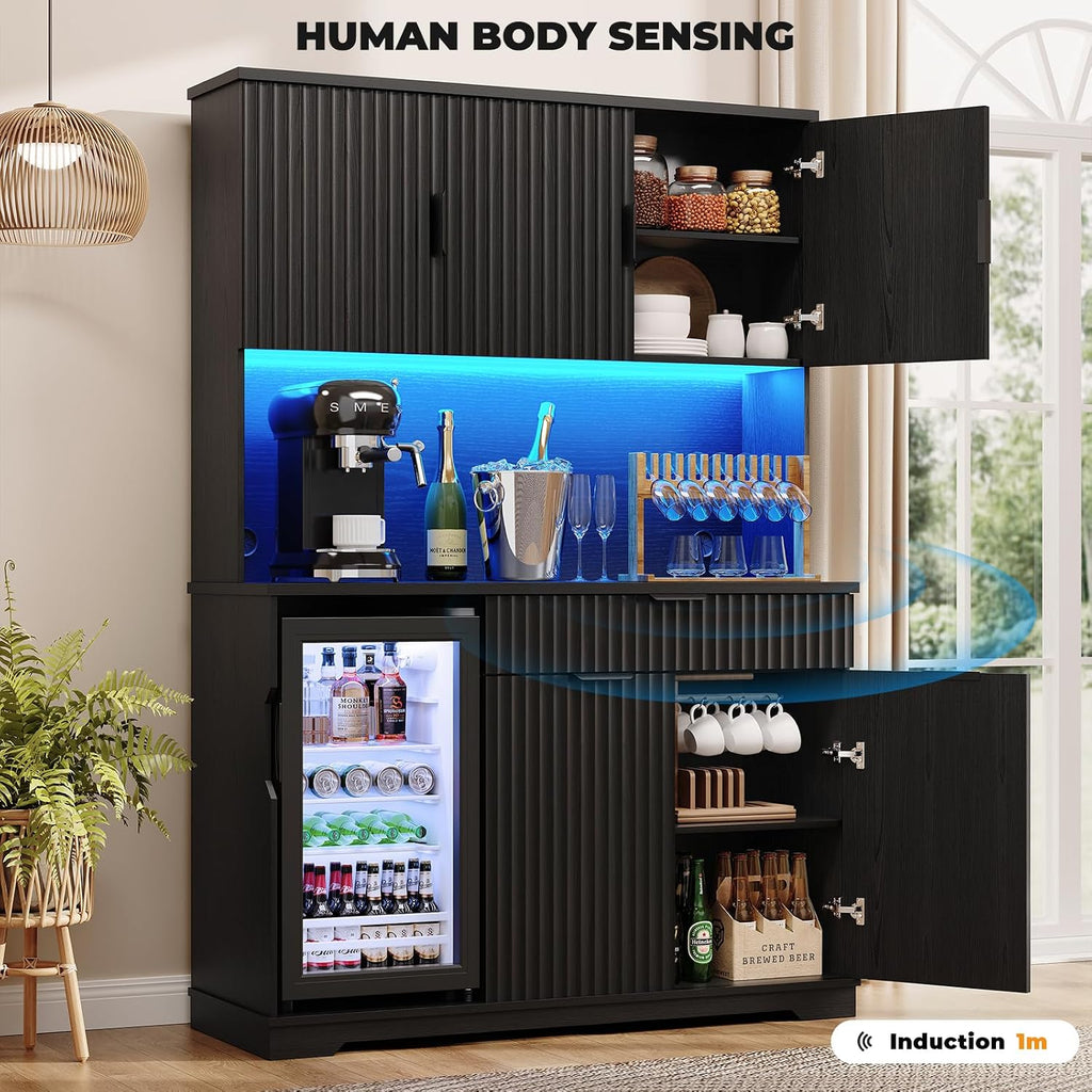 69' Kitchen Pantry with Fridge (Fridge Included), Fluted Coffee Bar Cabinet with LED Lights & Outlets, Tall Wine Bar Cabinet with Drawer & Storage Hutch for Living Room, Dining Room, Black