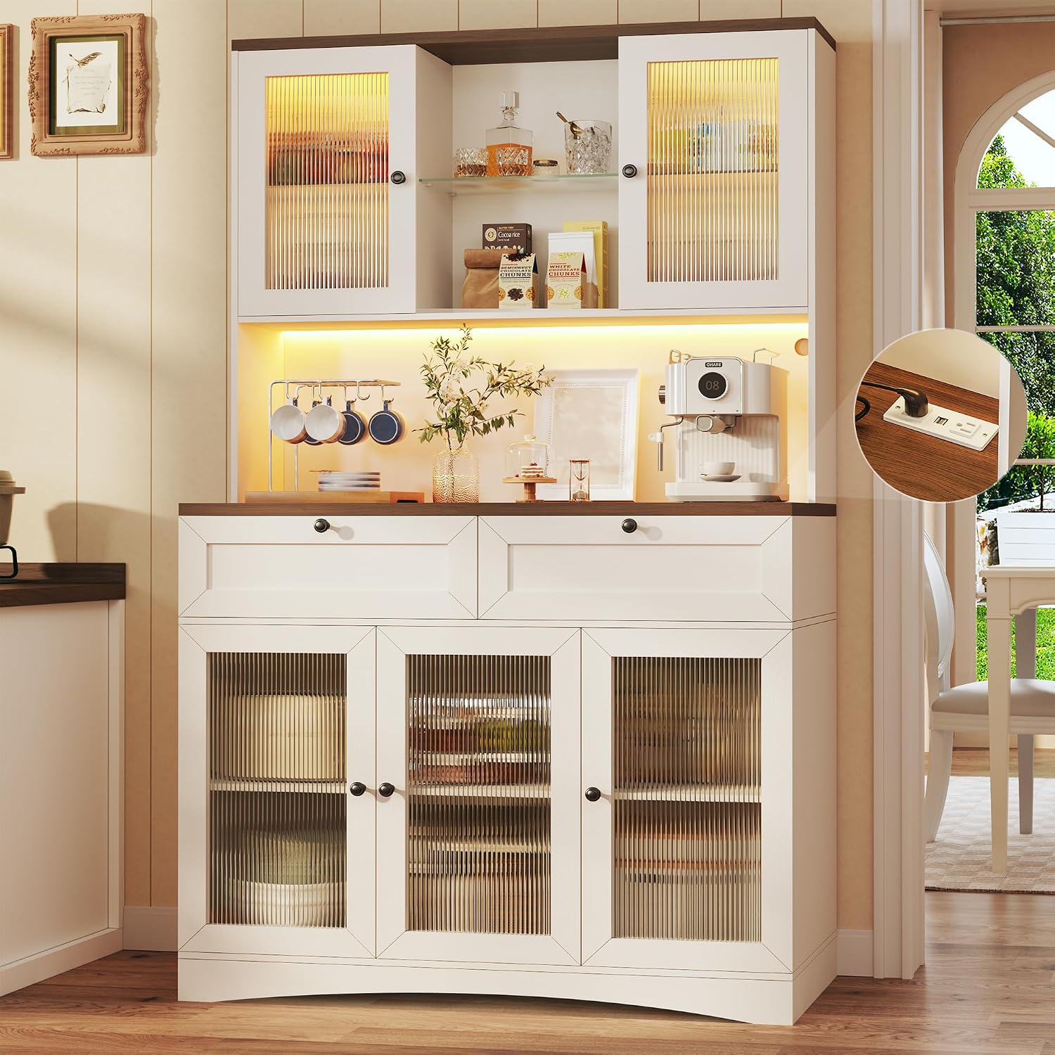 HUAHUU 71' Kitchen Pantry Cabinet with Lights & Acrylic Doors, Pantry Storage Cabinet with Microwave Stand, Kitchen Hutch Food Cabinets with Charging Station, Adjustable Shelves, White