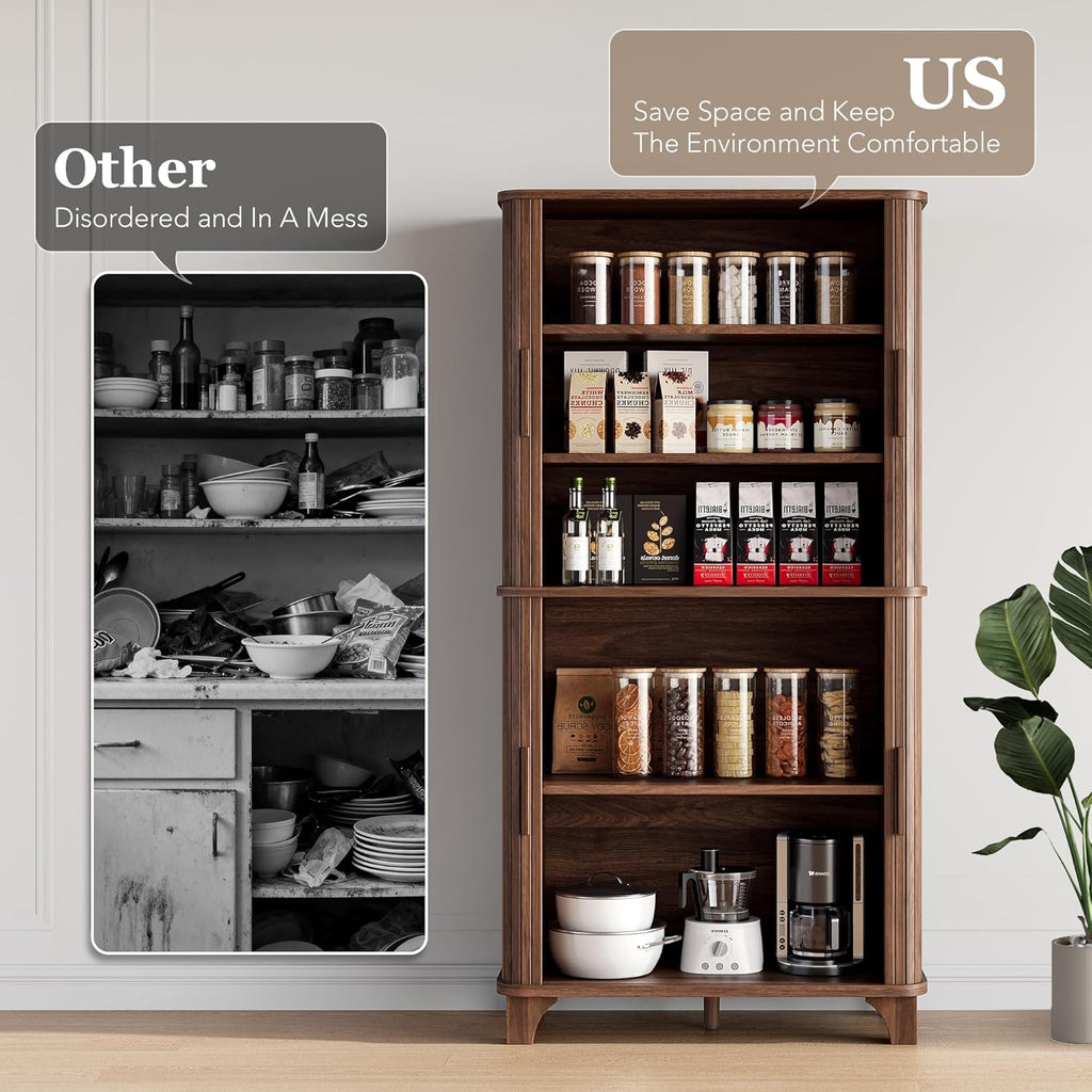 Decofy 69' Tall Kitchen Pantry Storage Cabinet with Sliding Door, Modern Curved Edge Pantry Storage Cabinet with 5 Shelves, Cupboard for the Kitchen, Dining Room, Bedroom, Living Room, Office (Walnut)