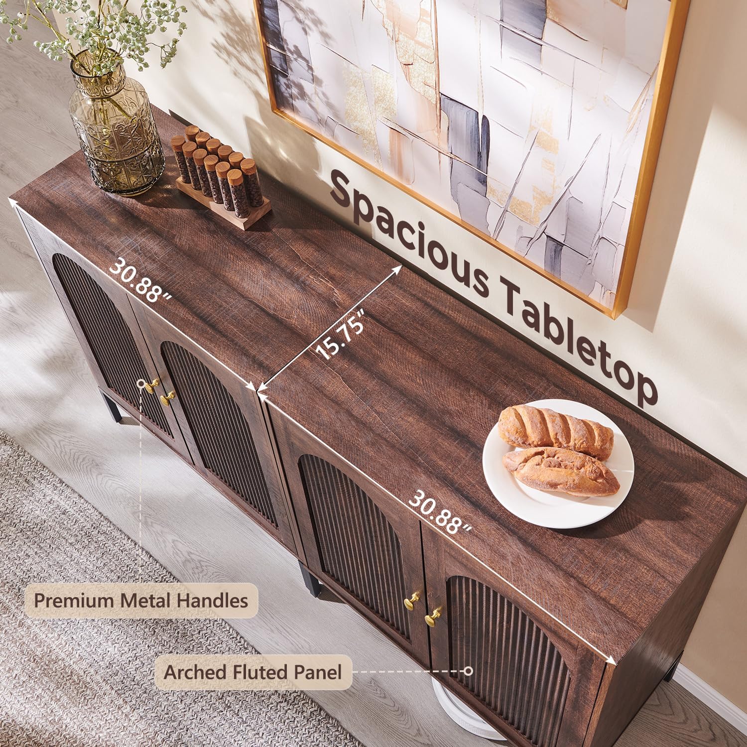 IFGET Modern Buffet Cabinet with Storage, 61.75' W Fluted Arched Sideboard Cabinet w/Adjustable Shelves, Wooden Modular Coffee Bar for Dining Room, Kitchen, Living Room, Entryway, Brown