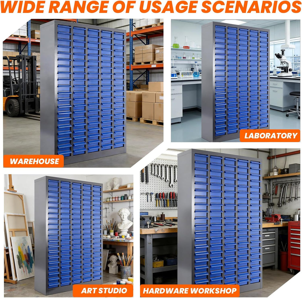 100-Drawer Nut and Bolt Organizer, 26'L X 9'W X 46'H Part Cabinet Bolt and Nut Tool Storage, Built-In Removable Partition, ABS Material Bolts Bin Tool for Workshop, Office