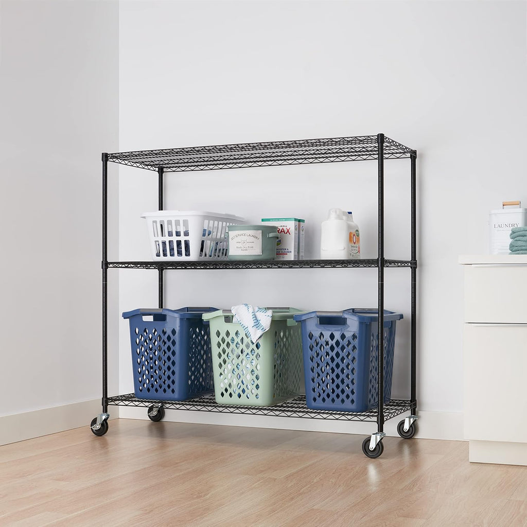 Trinity Basics 3-Tier Adjustable Wire Shelving with Wheels for Kitchen Organization, Garage Storage, Laundry Room, NSF Certified, 600 to 1350 Pound Capacity, 60' by 24' by 54', Black